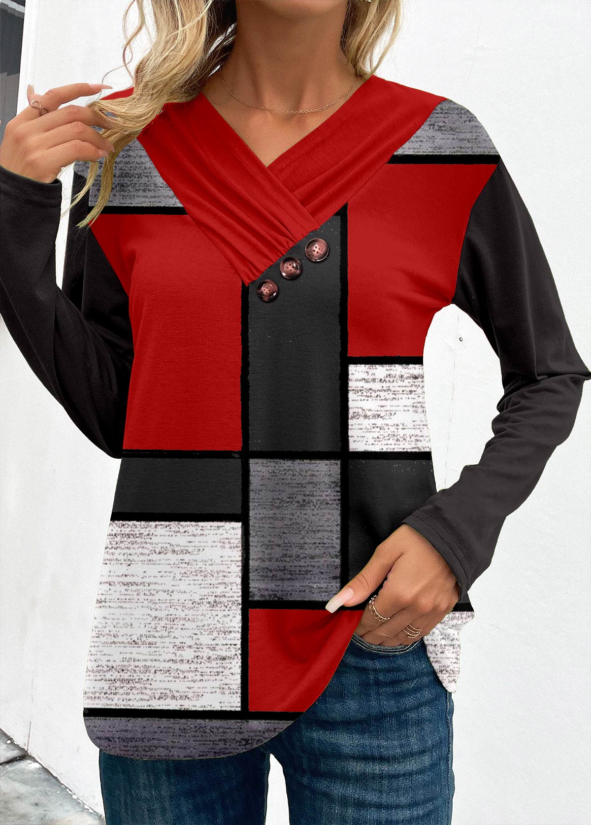 ROTITA Patchwork Geometric Print Wine Red V Neck Sweatshirt