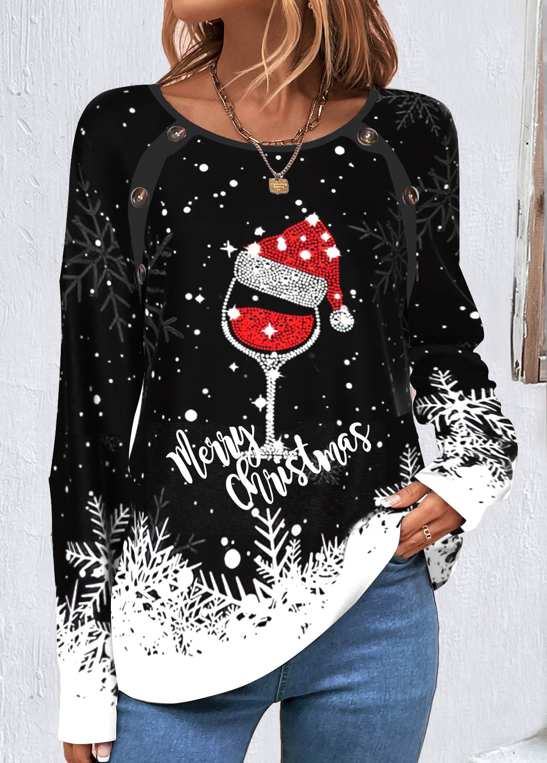 ROTITA Button Christmas Print Black Round Neck Long Sleeve Sweatshirt