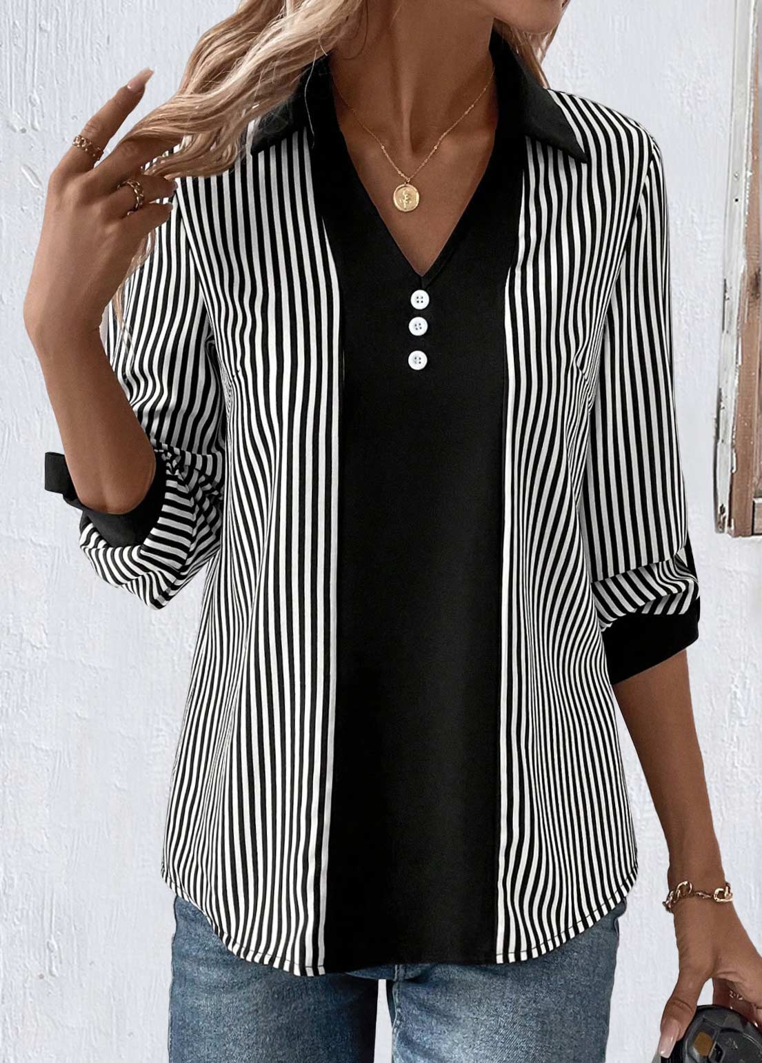 ROTITA Button Striped Black Shirt Collar Long Sleeve Blouse