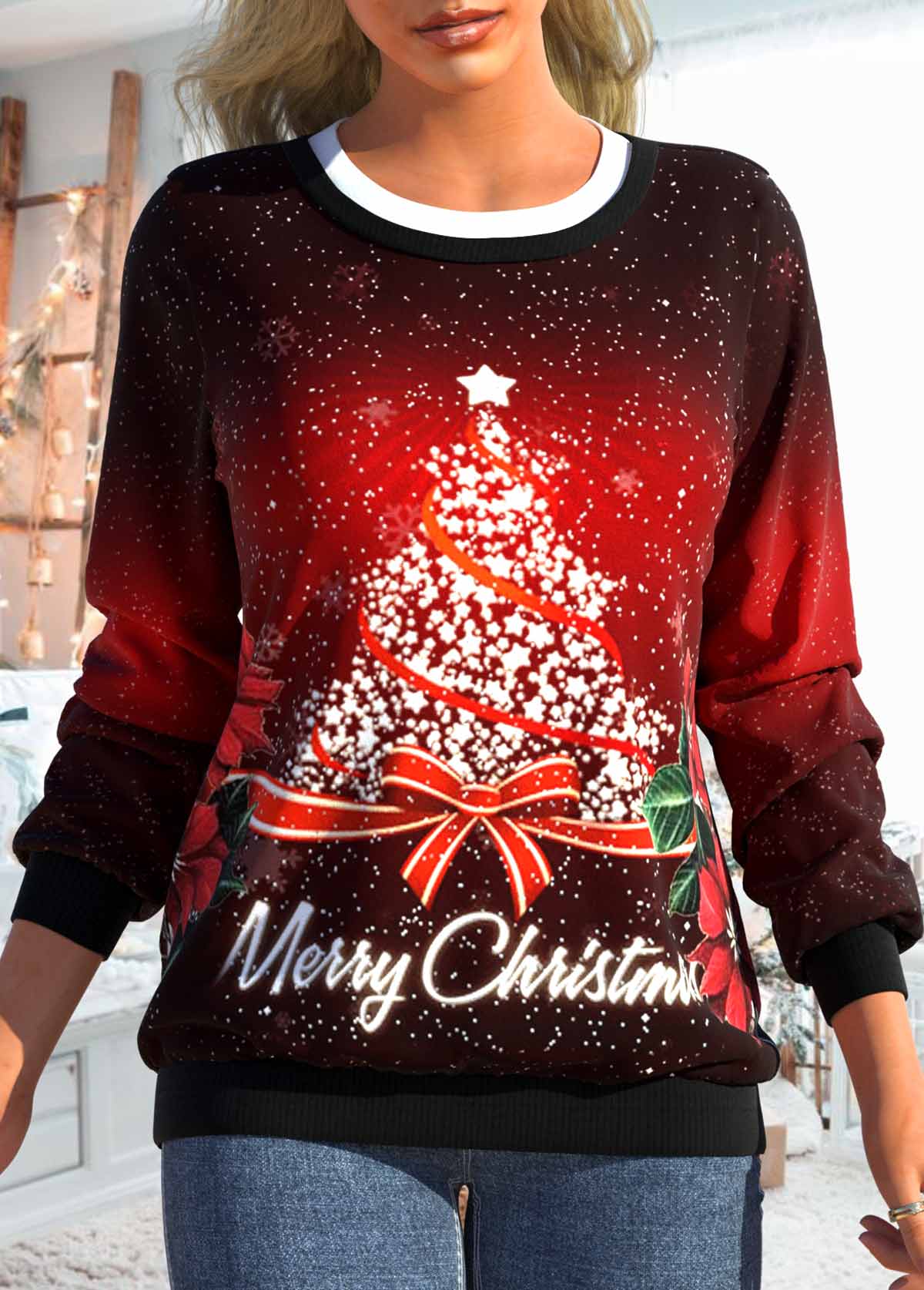 ROTITA Fake 2in1 Christmas Tree Print Wine Red Sweatshirt