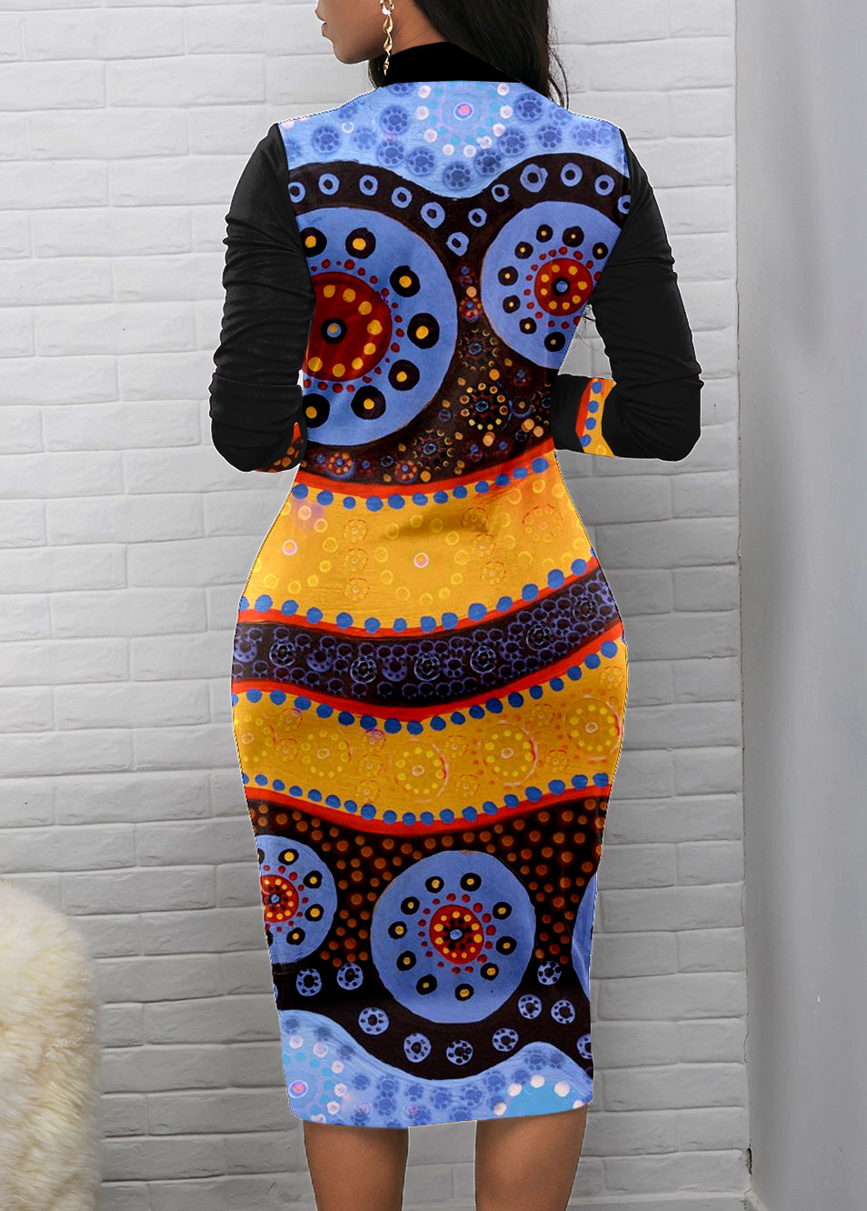 Black dresses,Tribal dresses,Dot dresses,Striped dresses,Geometric dresses,Party dresses,Elegant dresses,ROTITA Patchwork Tribal Print Black Stand Collar Bodycon Dress