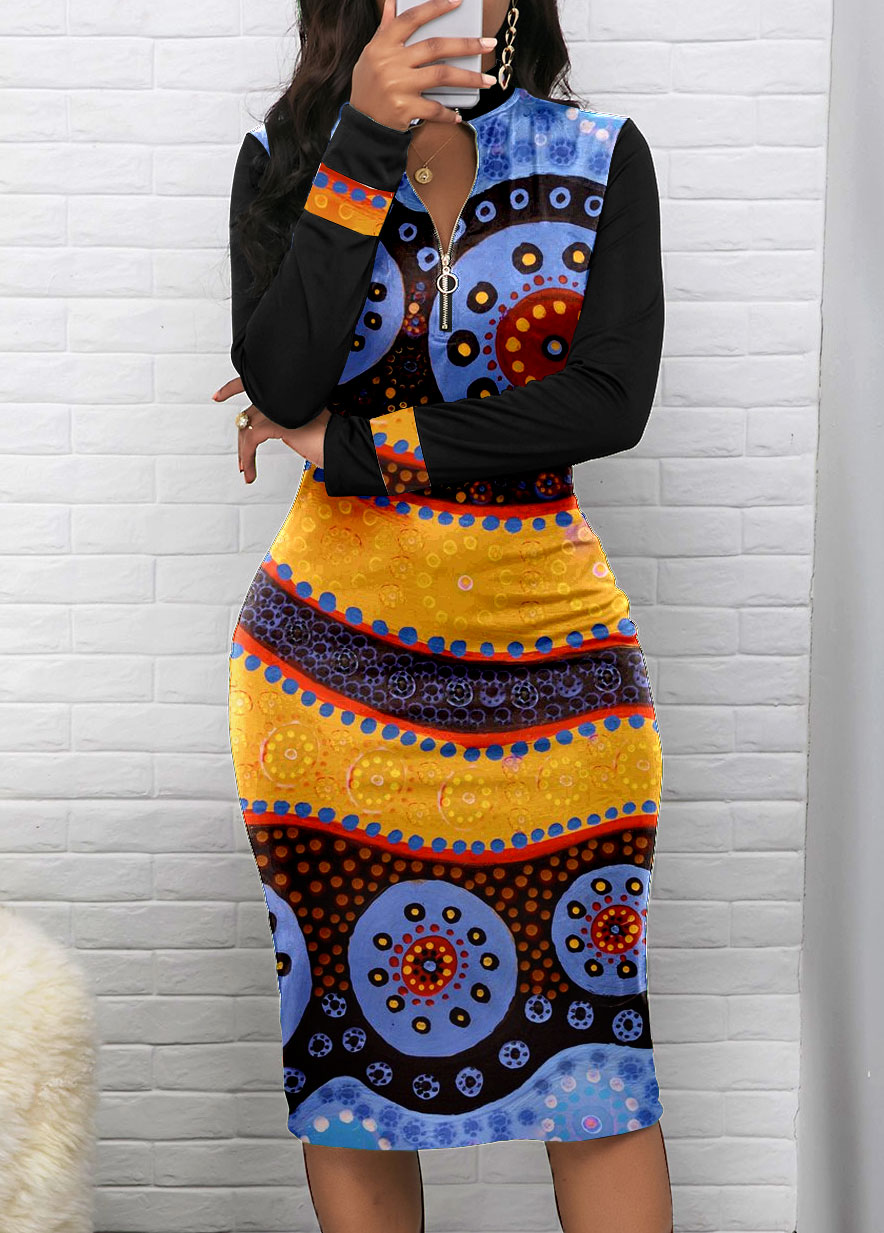 Black dresses,Tribal dresses,Dot dresses,Striped dresses,Geometric dresses,Party dresses,Elegant dresses,ROTITA Patchwork Tribal Print Black Stand Collar Bodycon Dress