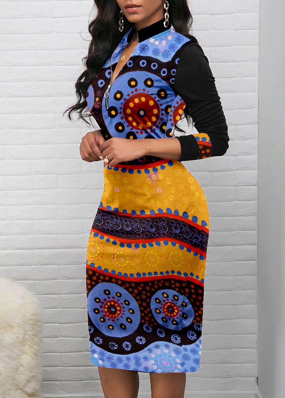 Black dresses,Tribal dresses,Dot dresses,Striped dresses,Geometric dresses,Party dresses,Elegant dresses,ROTITA Patchwork Tribal Print Black Stand Collar Bodycon Dress
