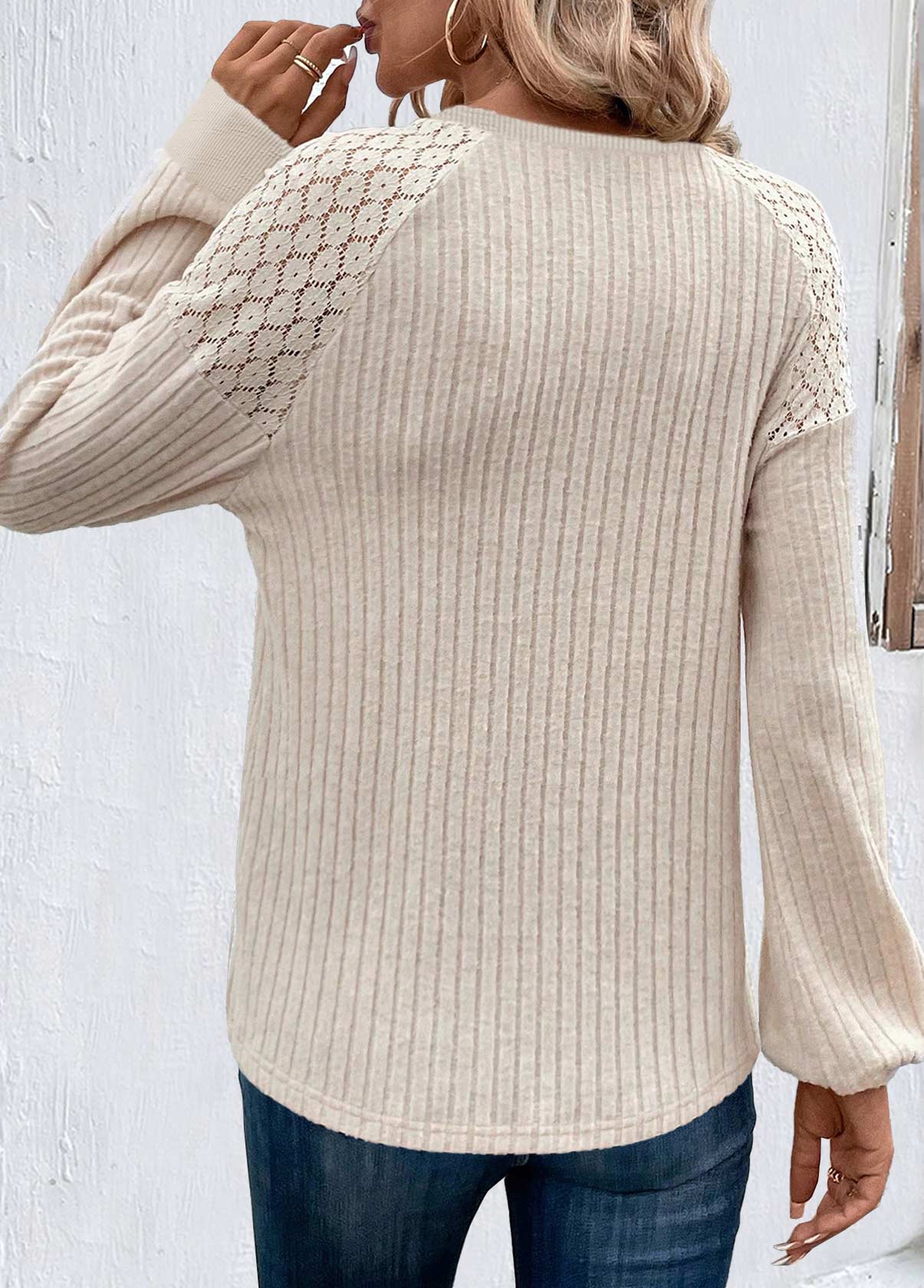 Beige tops,Plain Color tops,ROTITA Button Beige Round Neck Long Sleeve T Shirt