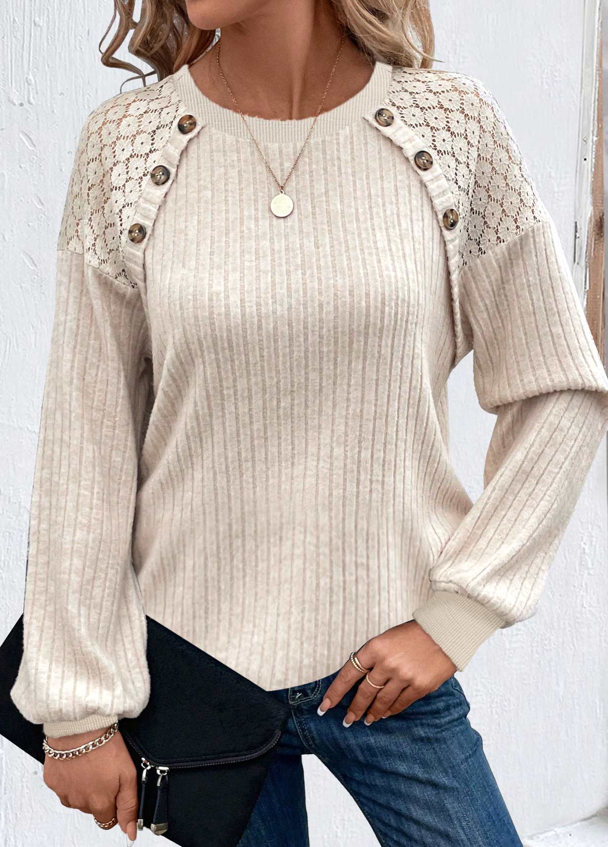 Beige tops,Plain Color tops,ROTITA Button Beige Round Neck Long Sleeve T Shirt
