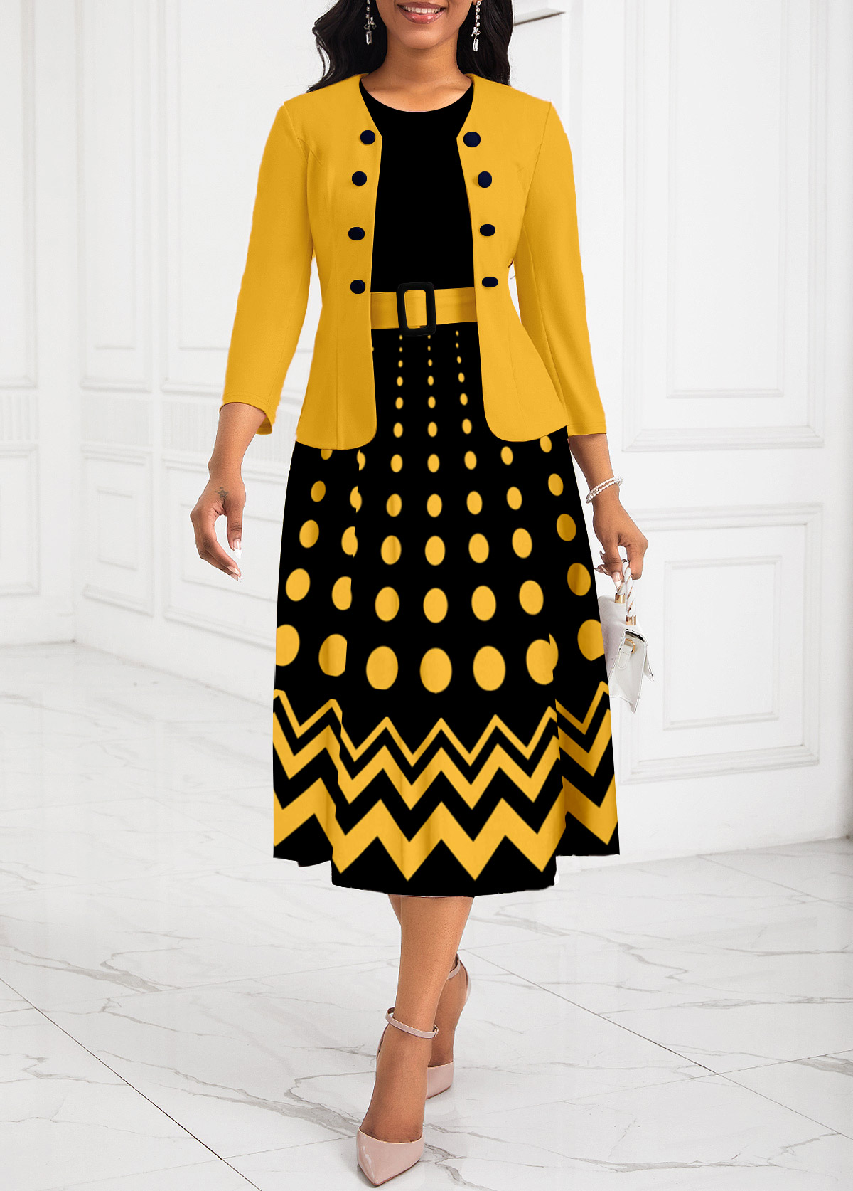 ROTITA Two Piece Ombre Yellow Belted Round Neck Dress