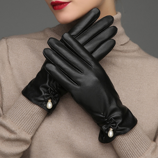 Black Warming Wrist Full Finger Pearl Detail Gloves