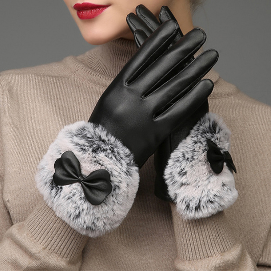 Black Bowknot Warming Wrist Full Finger Gloves