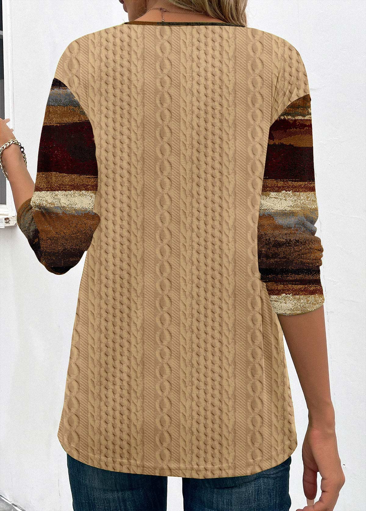 Light Camel tops,Graphic tops,ROTITA Patchwork Graffiti Print Light Camel V Neck Sweatshirt