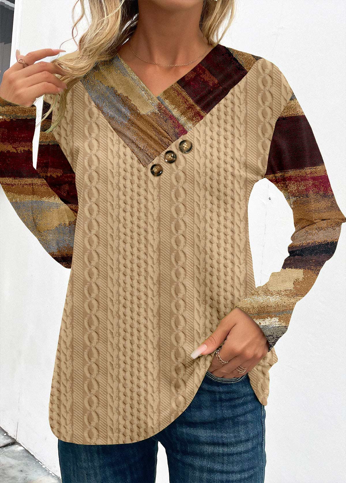 Light Camel tops,Graphic tops,ROTITA Patchwork Graffiti Print Light Camel V Neck Sweatshirt
