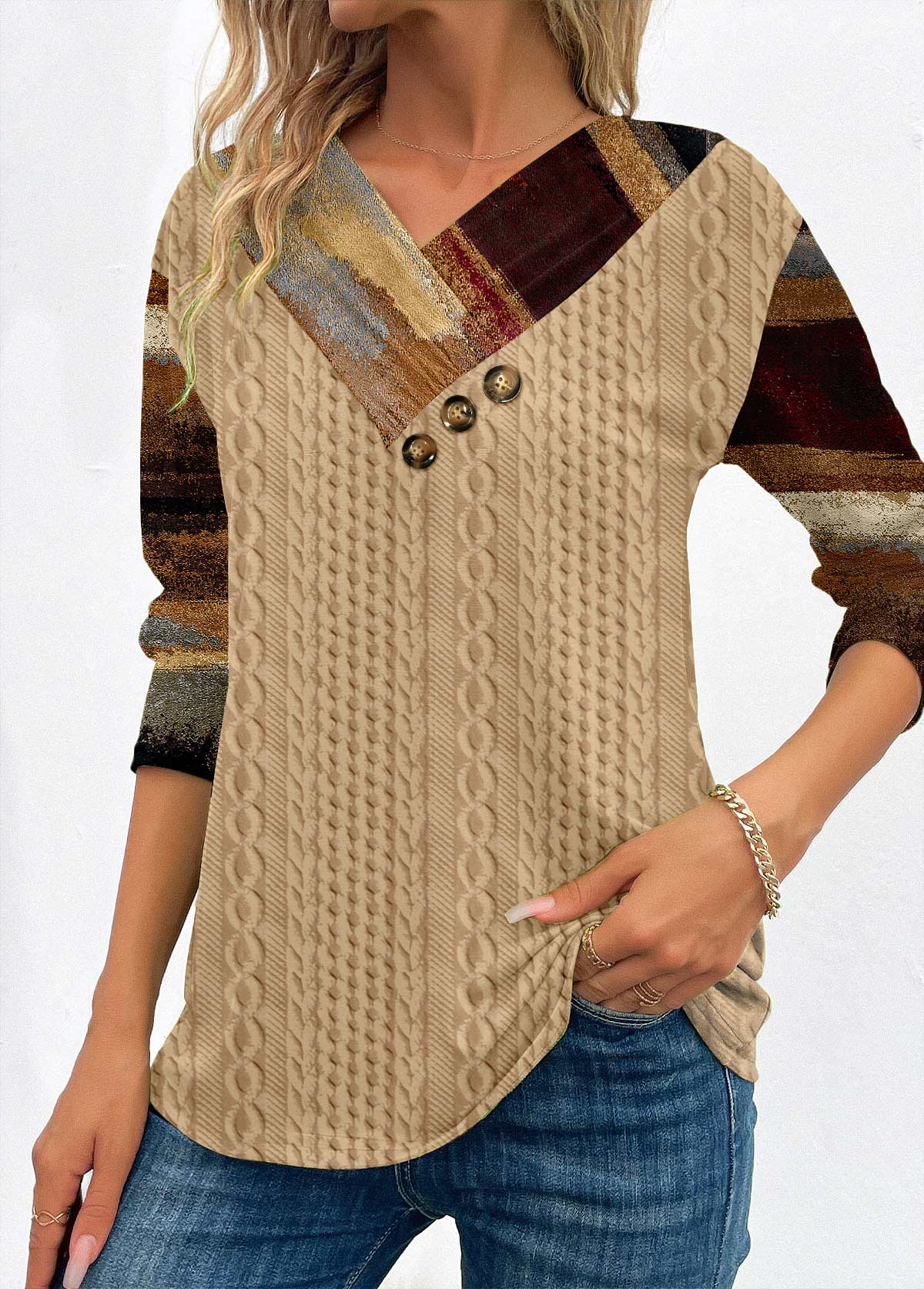 Light Camel tops,Graphic tops,ROTITA Patchwork Graffiti Print Light Camel V Neck Sweatshirt