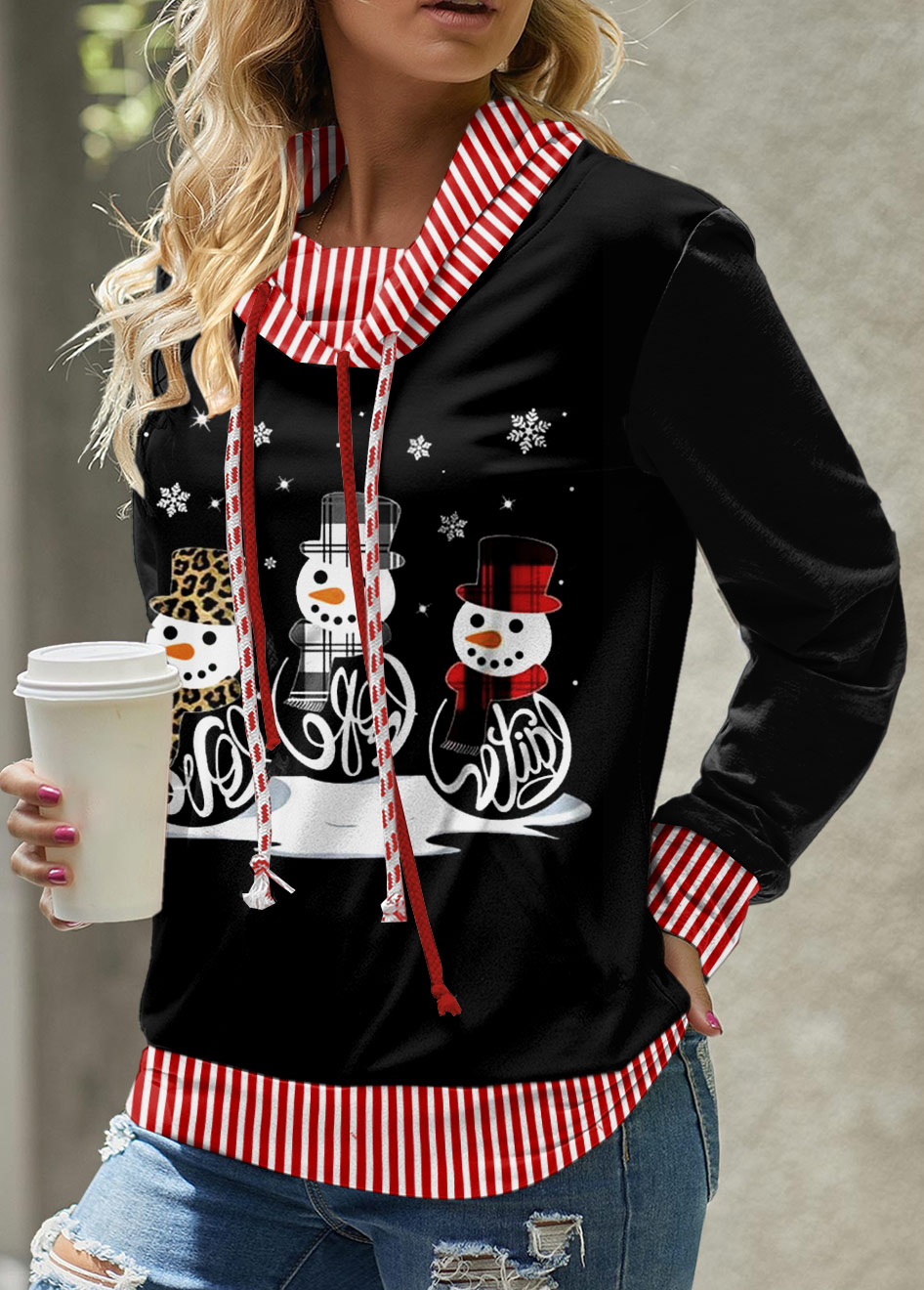ROTITA Plus Size Patchwork Black Snowman Print Cowl Neck Sweatshirt