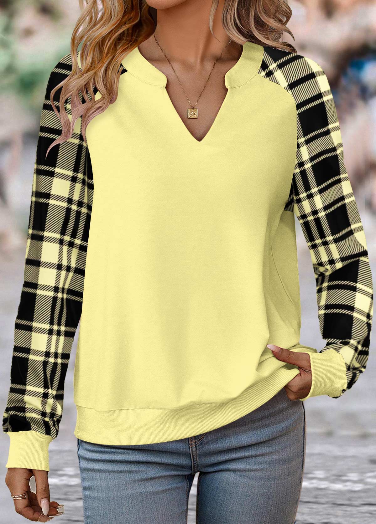 ROTITA Plus Size Split Light Yellow Plaid Long Sleeve Sweatshirt