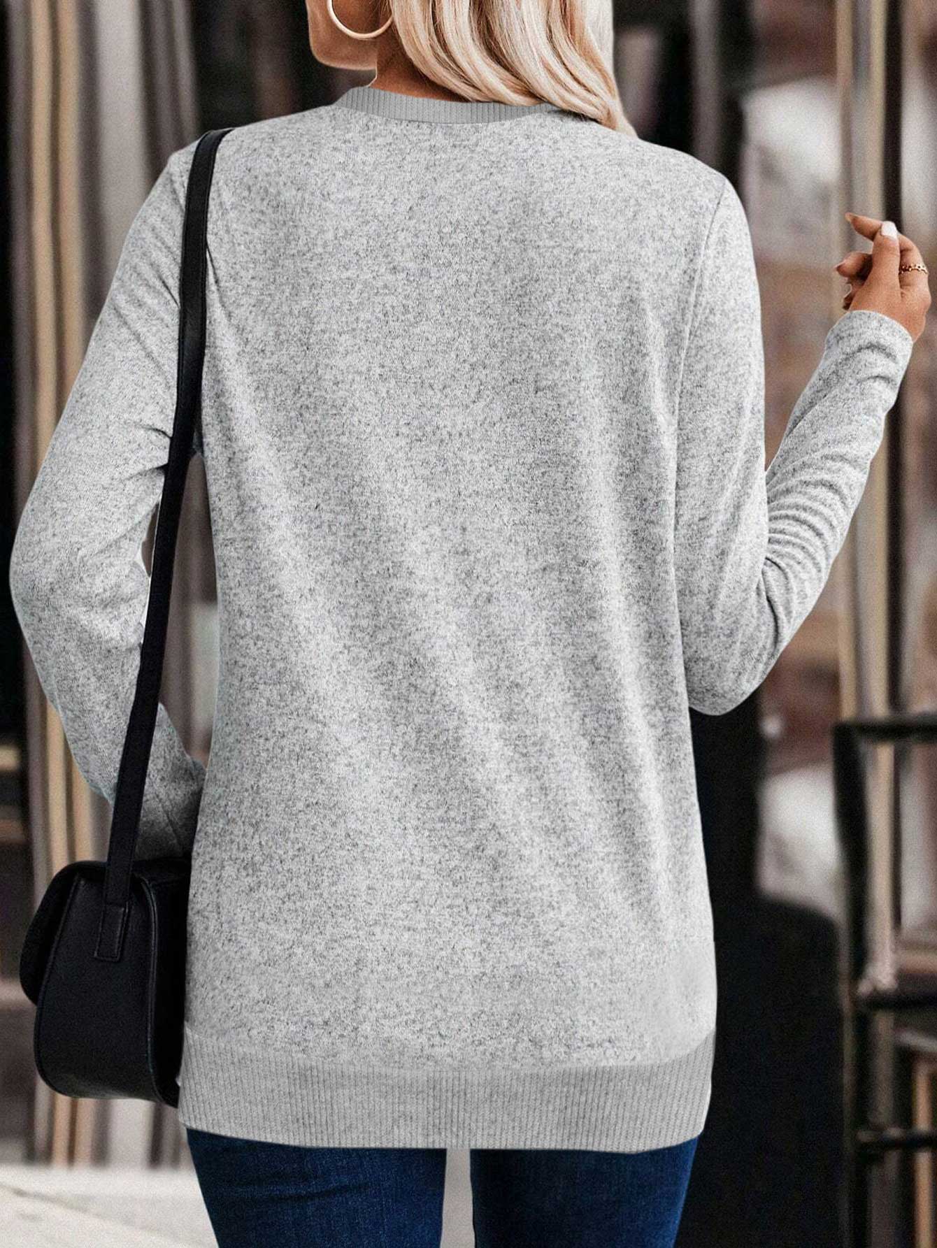 ROTITA Cross Hem Light Grey Round Neck Long Sleeve Sweatshirt