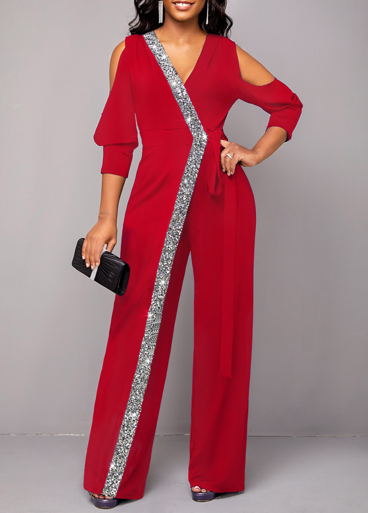 Wine Red jumpsuits&rompers,Contrast Color jumpsuits&rompers,ROTITA Metal Ring Cold Shoulder V Neck Wine Red Jumpsuit