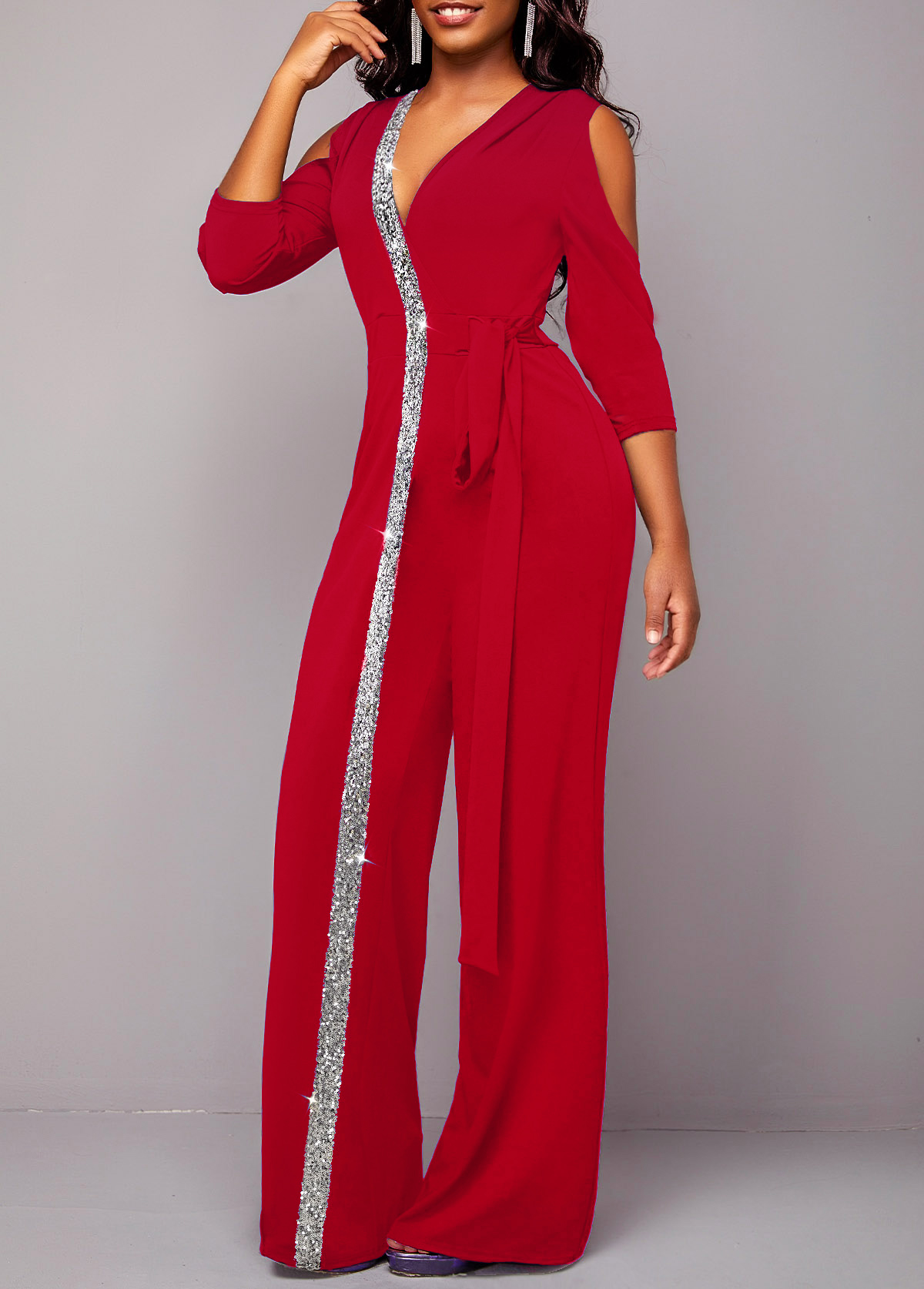 Wine Red jumpsuits&rompers,Contrast Color jumpsuits&rompers,ROTITA Metal Ring Cold Shoulder V Neck Wine Red Jumpsuit