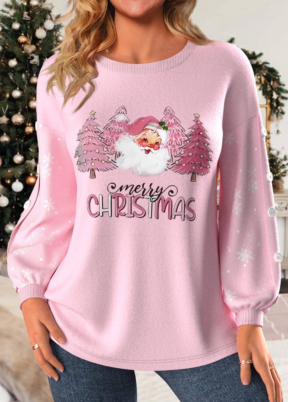 ROTITA Plus Size Button Light Pink Christmas Print Sweatshirt