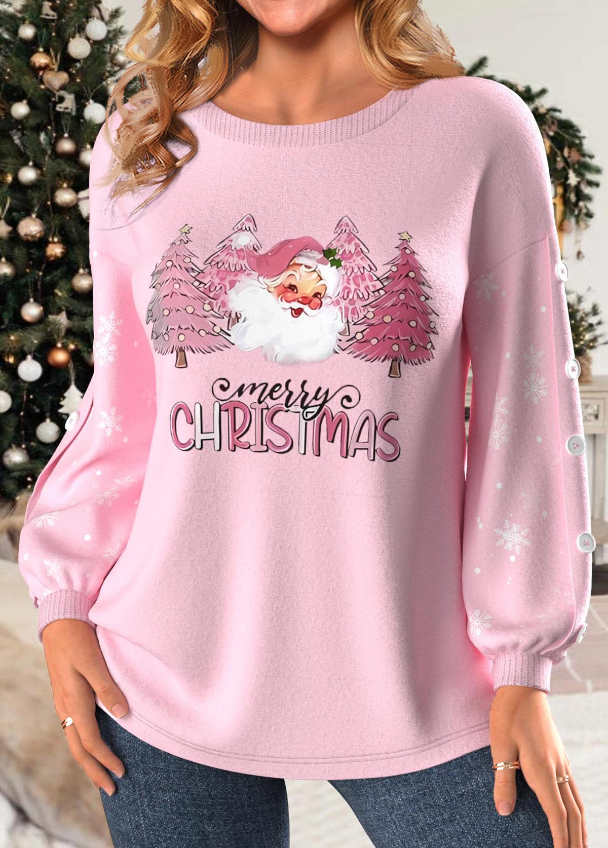 Light Pink plus size,Christmas plus size,Plants plus size,Letter plus size,ROTITA Plus Size Button Light Pink Christmas Print Sweatshirt