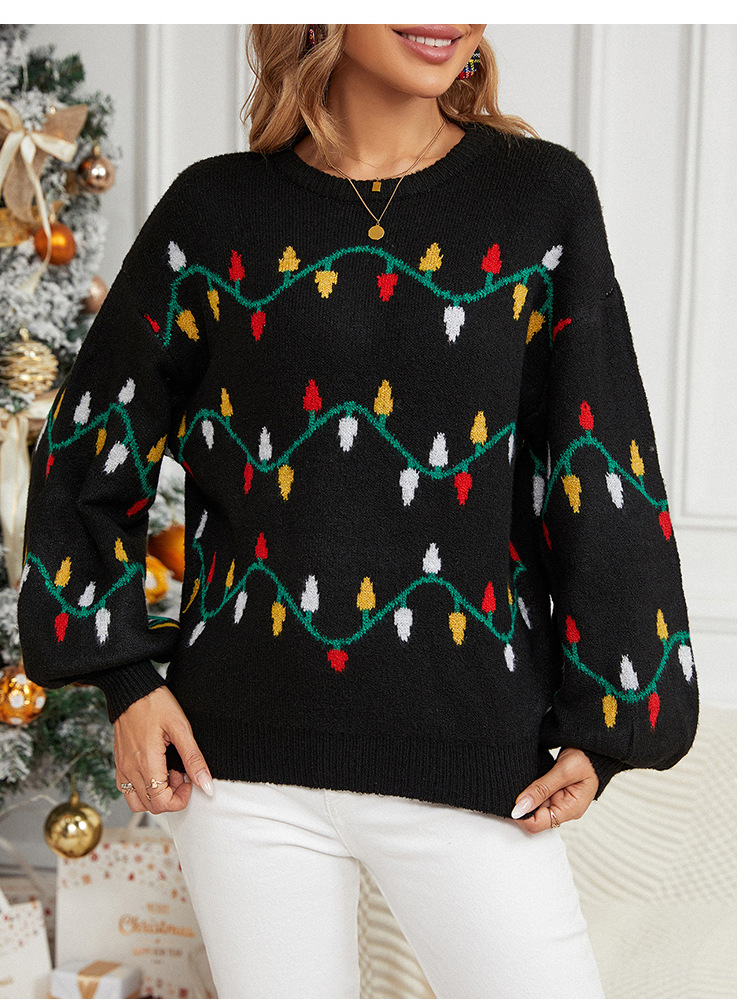 Patchwork Christmas Tree Print Black Round Neck Sweater