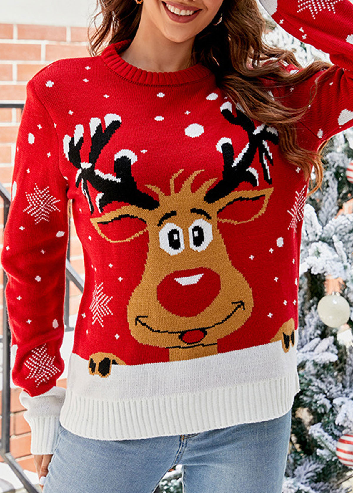 Patchwork Elk Print Red Round Neck Long Sleeve Sweater