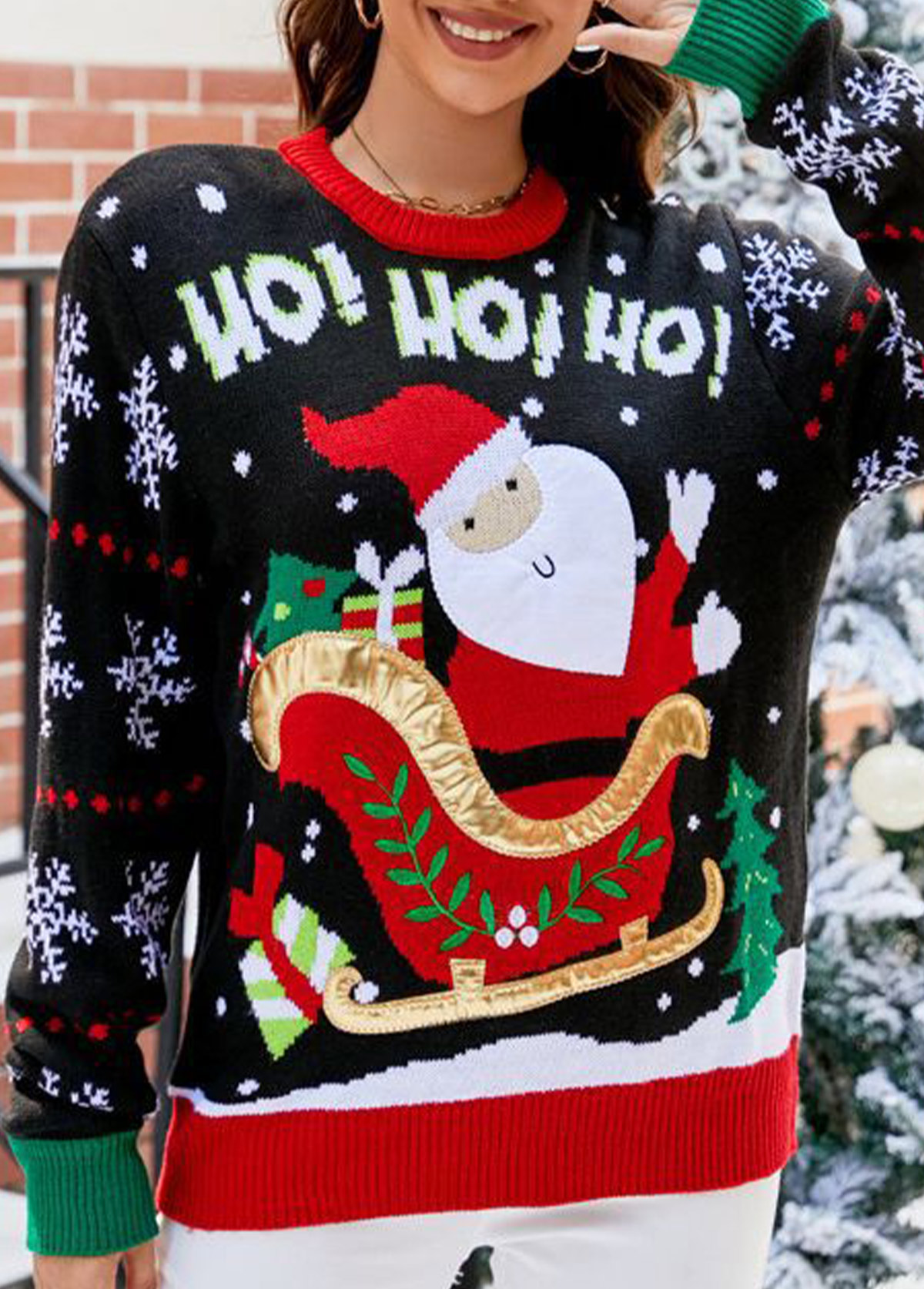 Christmas Santa Claus Print Black Round Neck Long Sleeve Sweater