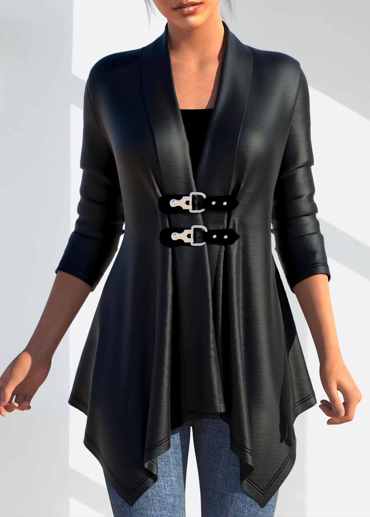 Rotita manteau en simili cuir à manches longues et col rabattu