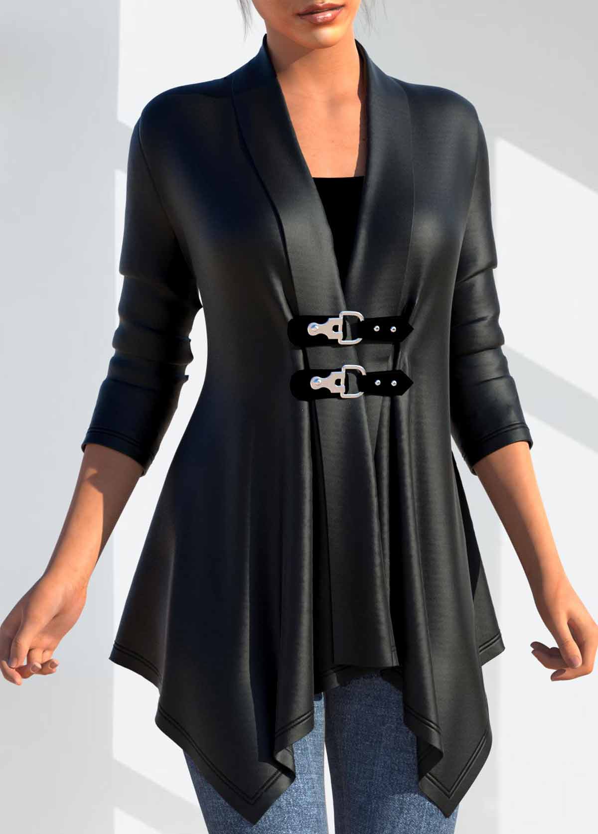 Rotita manteau en simili cuir à manches longues et col rabattu