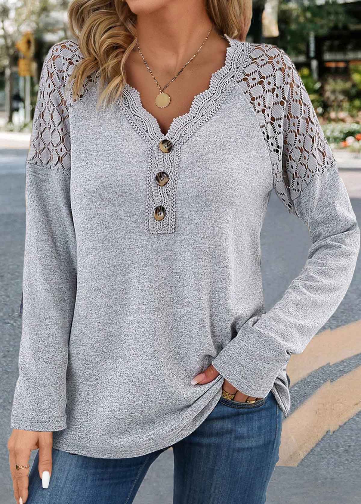 T-shirt gris à manches longues et col en V en dentelle Rotita