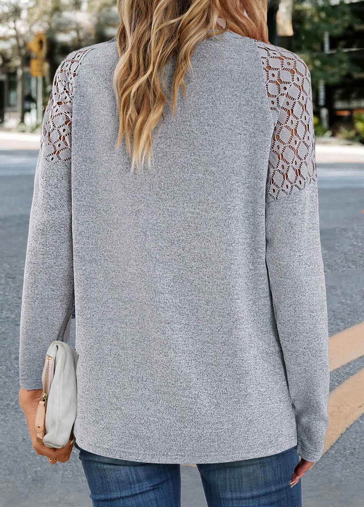 T-shirt gris à manches longues et col en V en dentelle Rotita