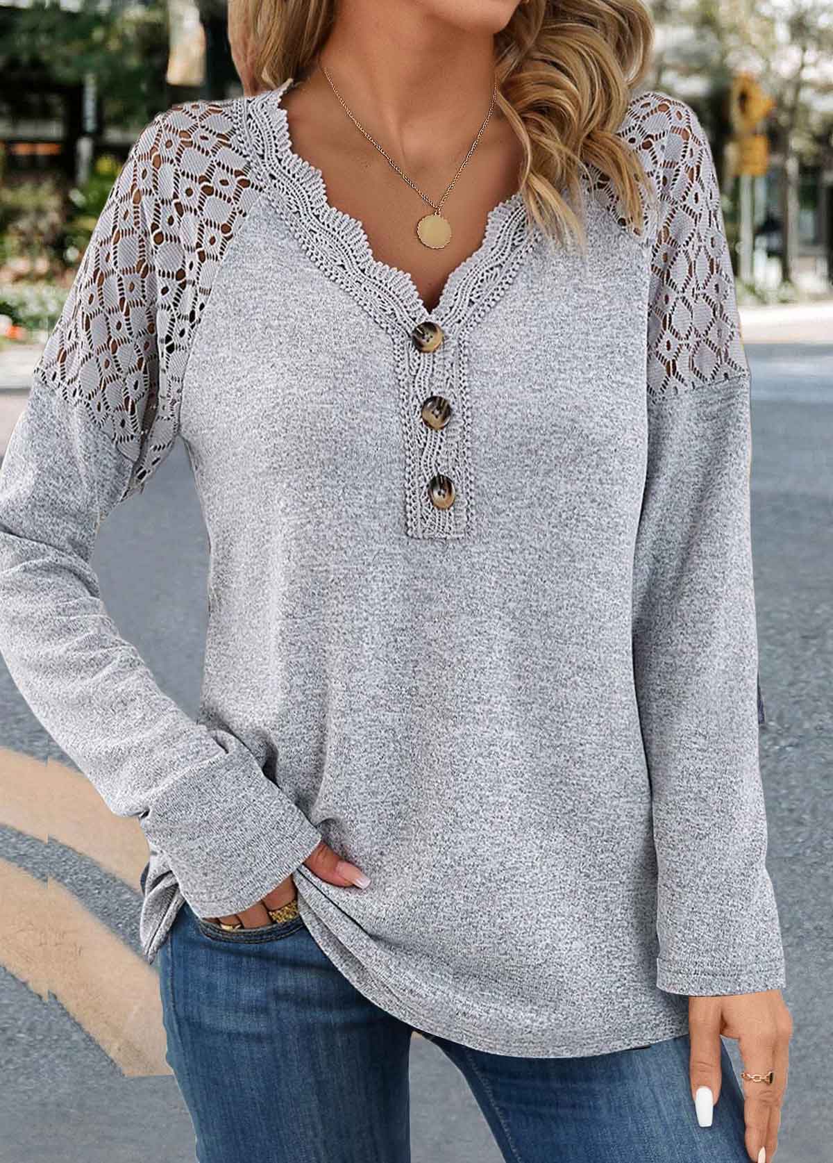 T-shirt gris à manches longues et col en V en dentelle Rotita