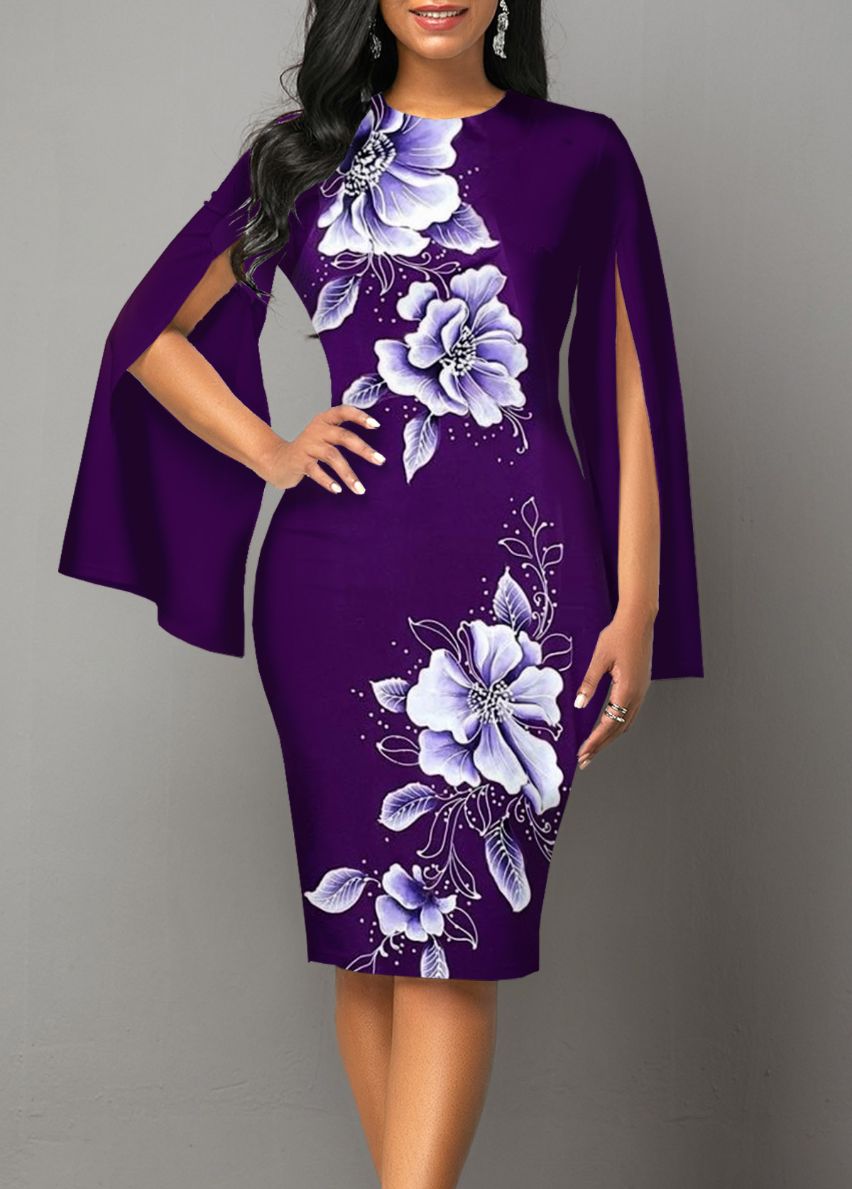 ROTITA Split Floral Print Purple Round Neck Bodycon Dress