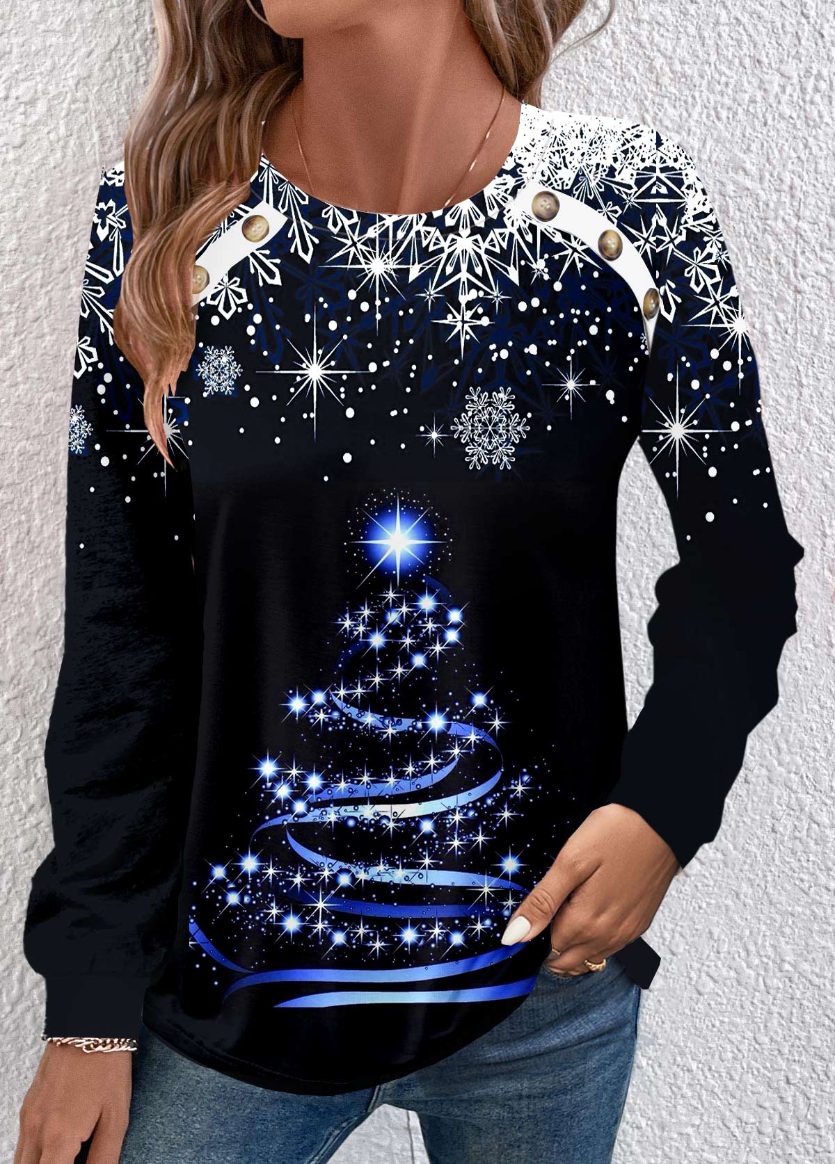 ROTITA Button Christmas Tree Print Black Round Neck Sweatshirt