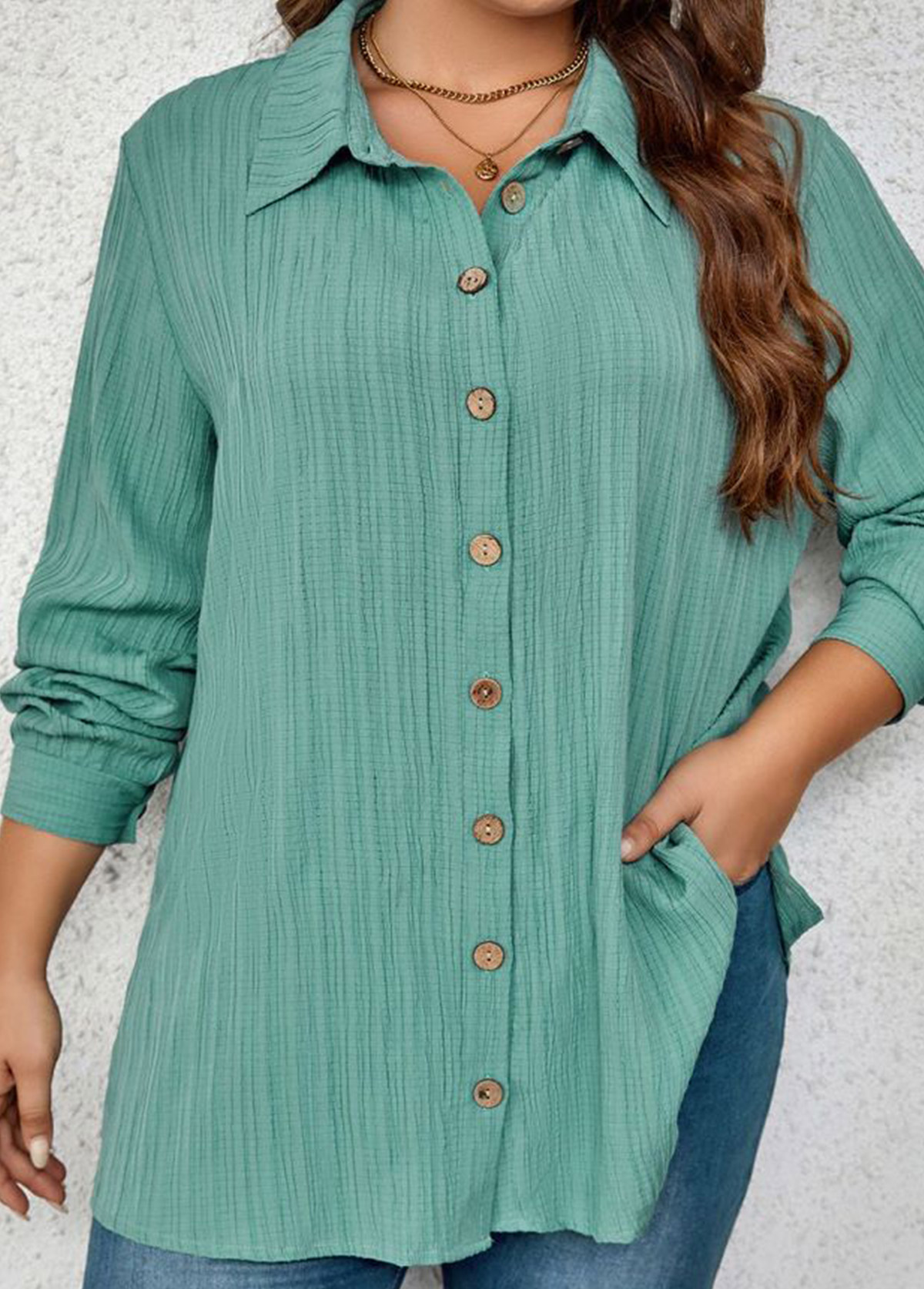 Plus Size Button Mint Green Shirt Collar Blouse