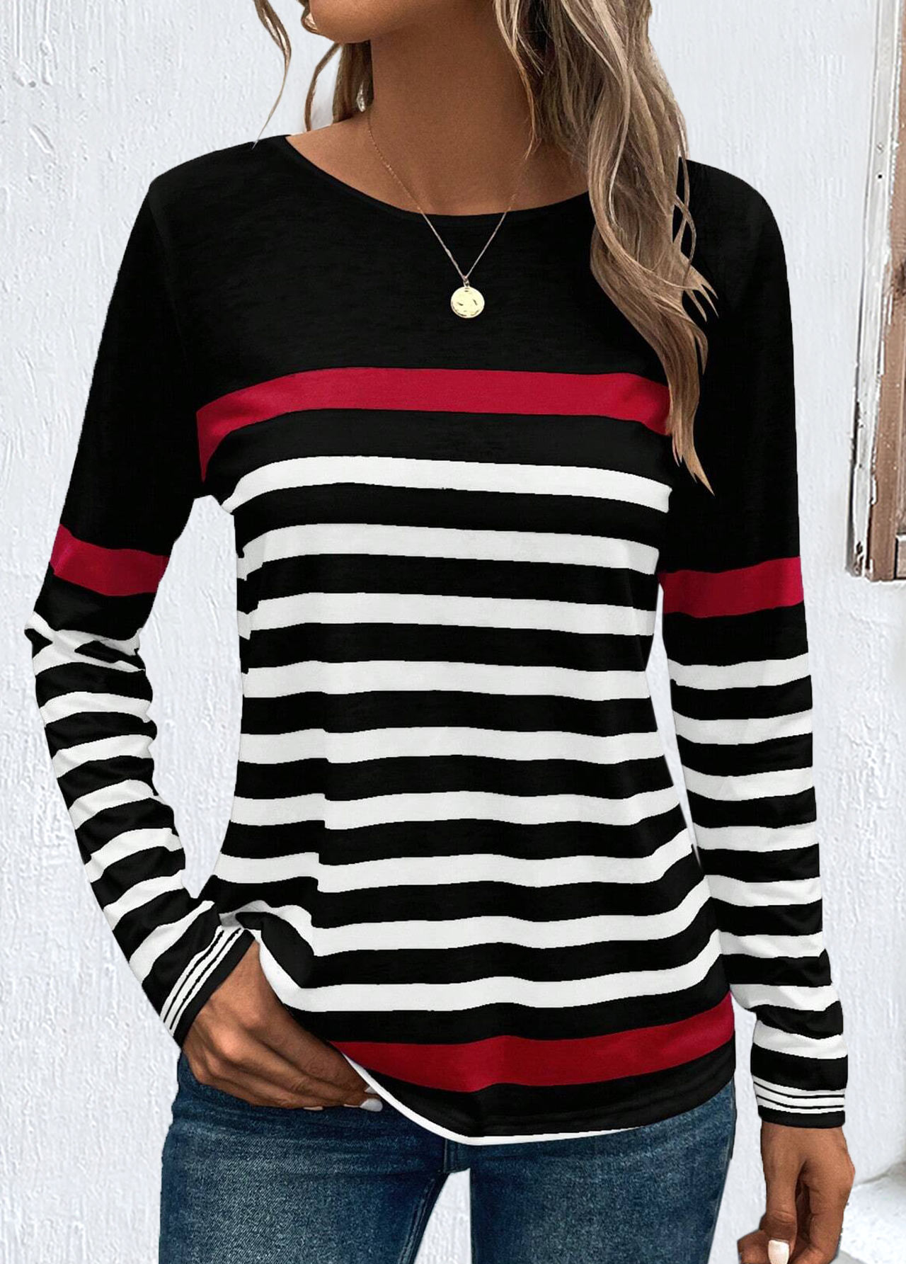 ROTITA Patchwork Striped Black Round Neck Long Sleeve Sweatshirt