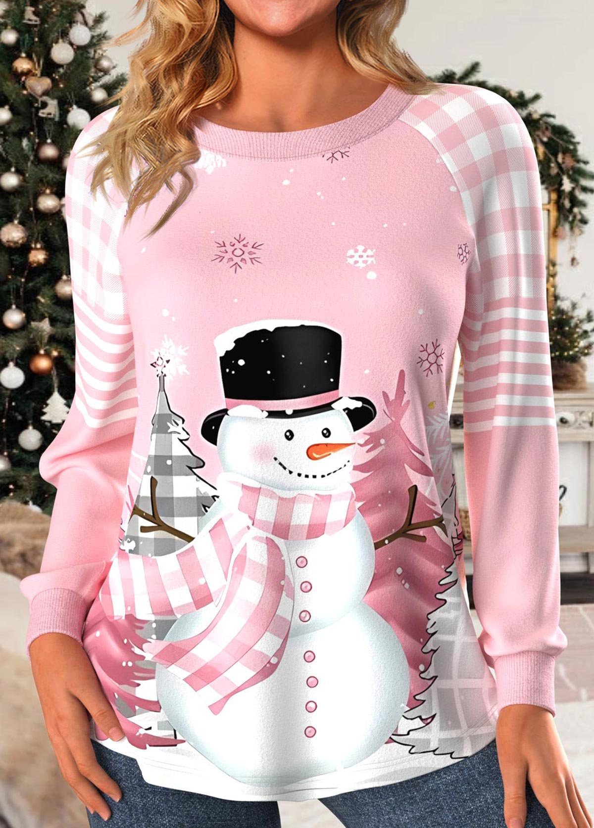 ROTITA Patchwork Snowman Print Light Pink Round Neck Sweatshirt