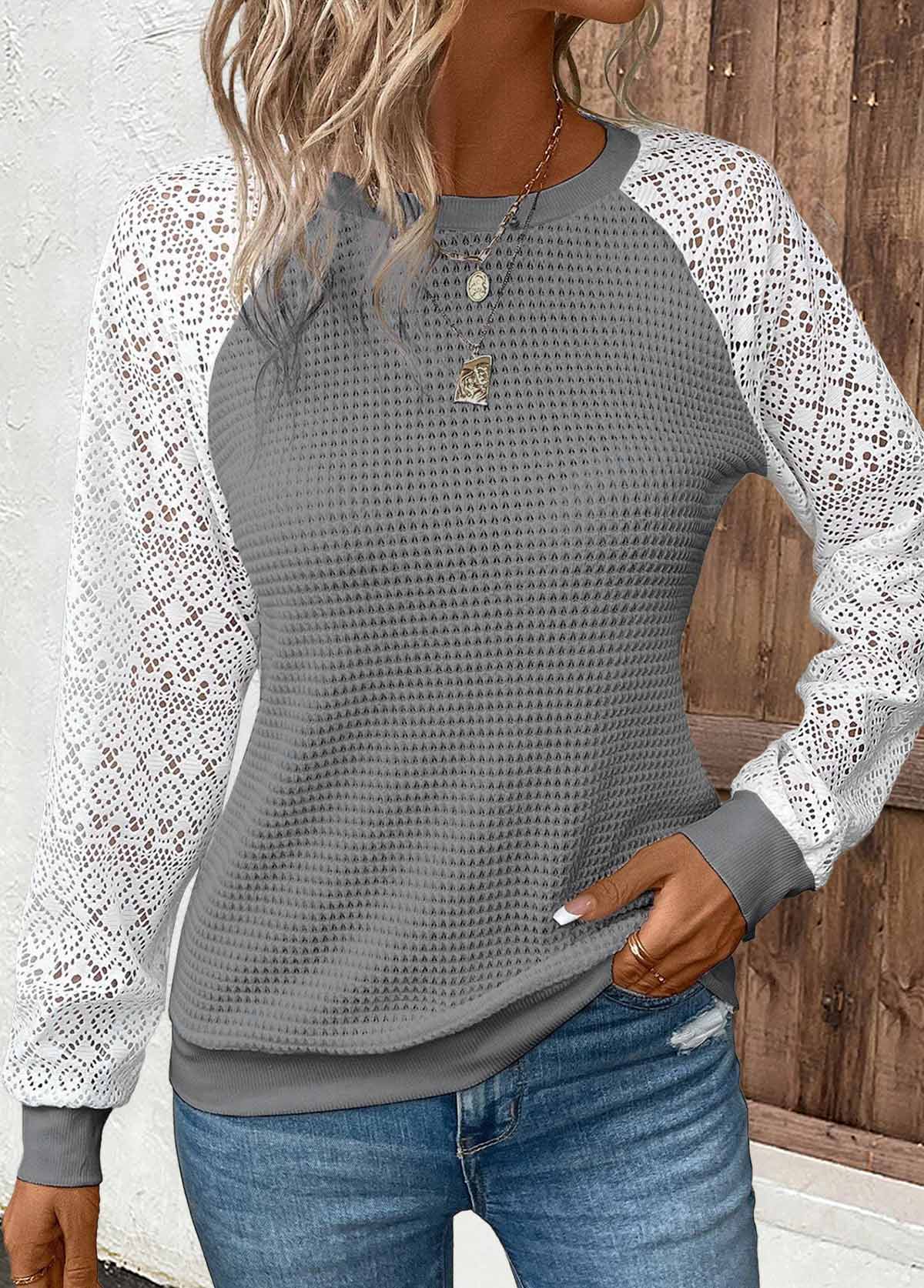 ROTITA Patchwork Dark Grey Round Neck Long Sleeve Sweatshirt