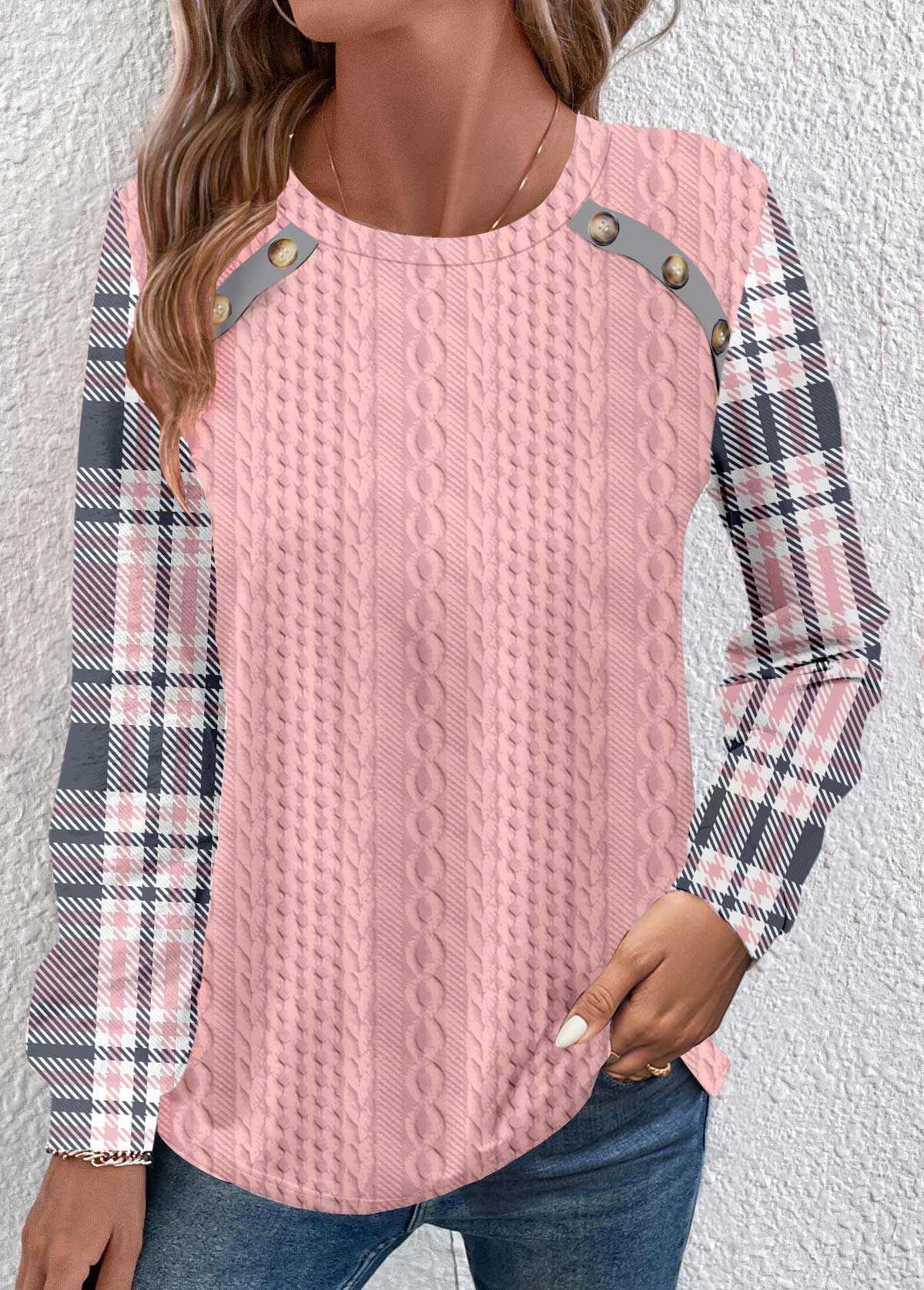 ROTITA Patchwork Plaid Pink Round Neck Long Sleeve Sweatshirt