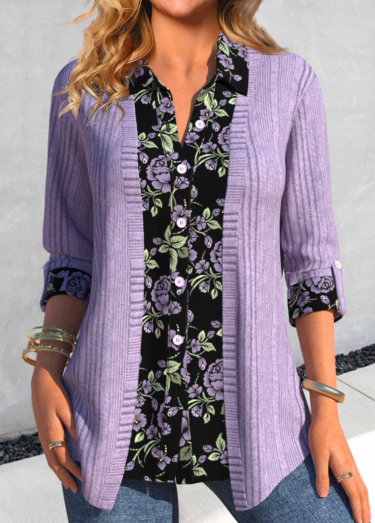 ROTITA Fake 2in1 Floral Print Light Purple Shirt Collar Blouse