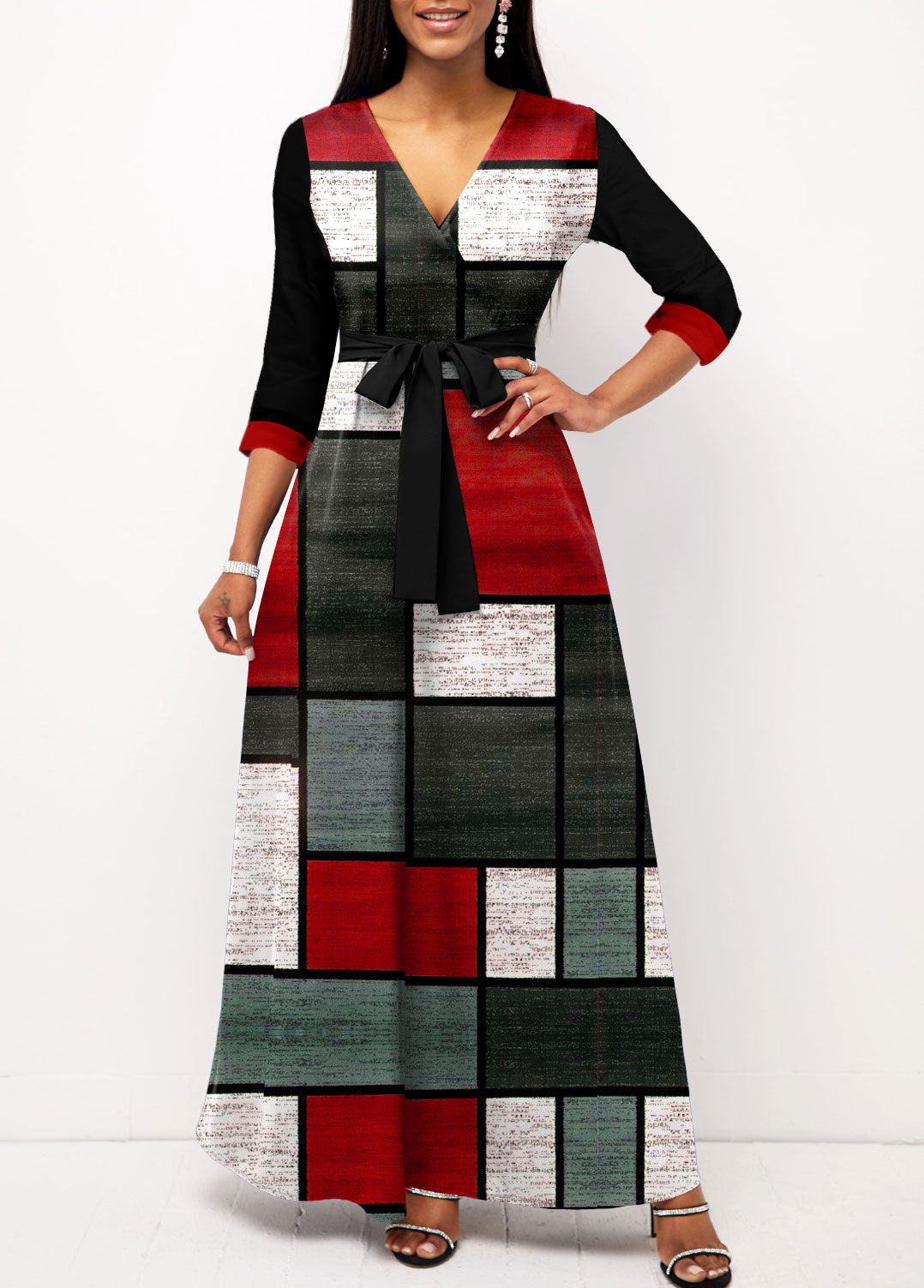 ROTITA Criss Cross Geometric Print Black Belted Dress