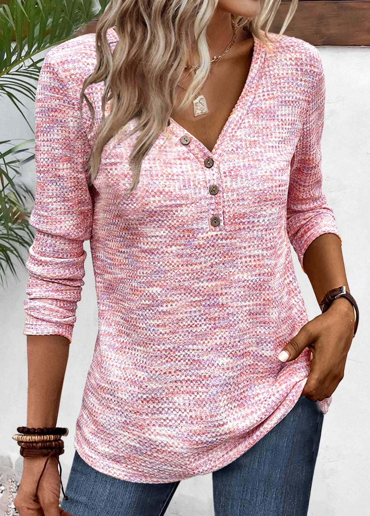 ROTITA Button Light Pink V Neck Long Sleeve T Shirt
