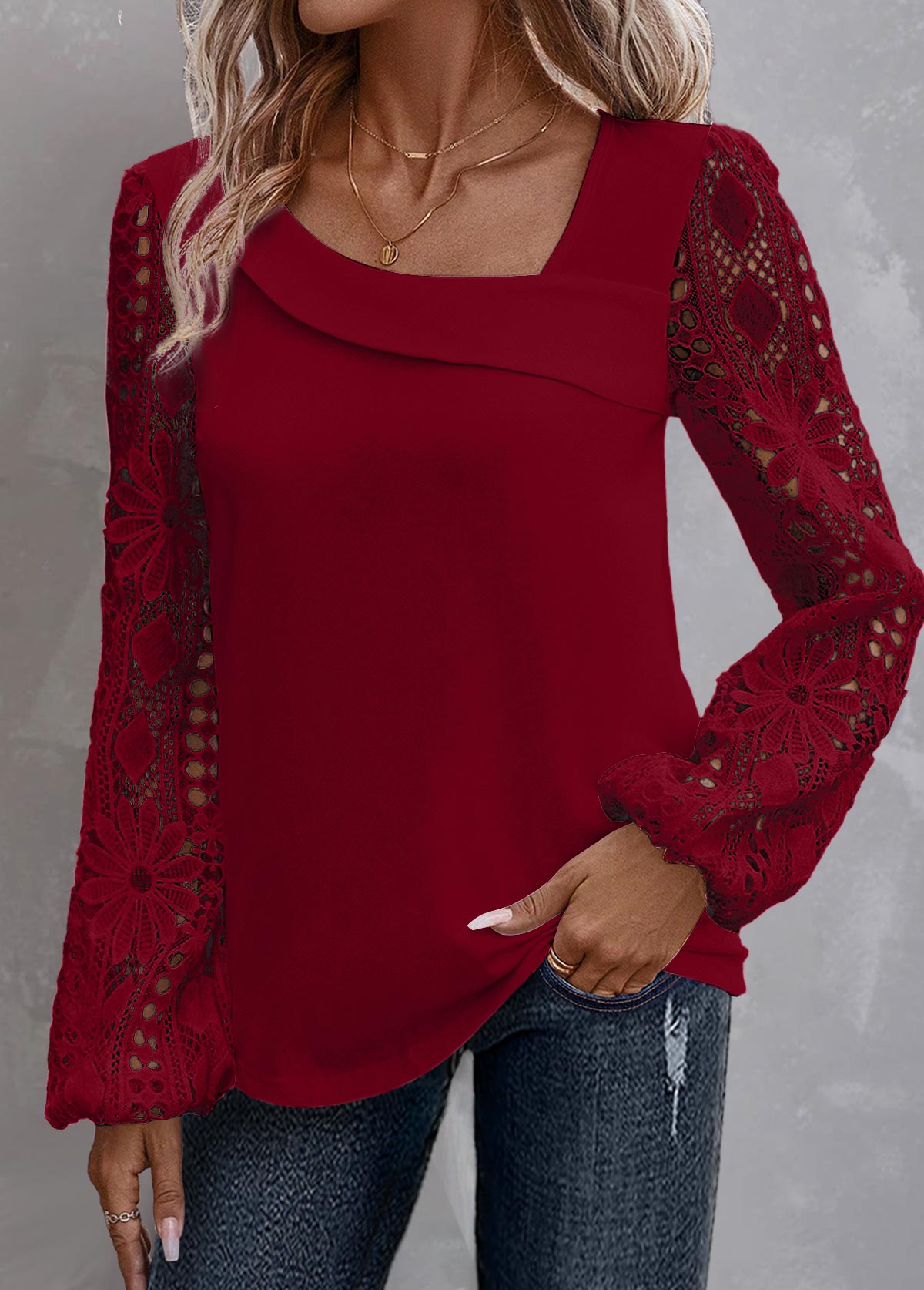 ROTITA Lace Wine Red Asymmetrical Neck Long Sleeve Blouse