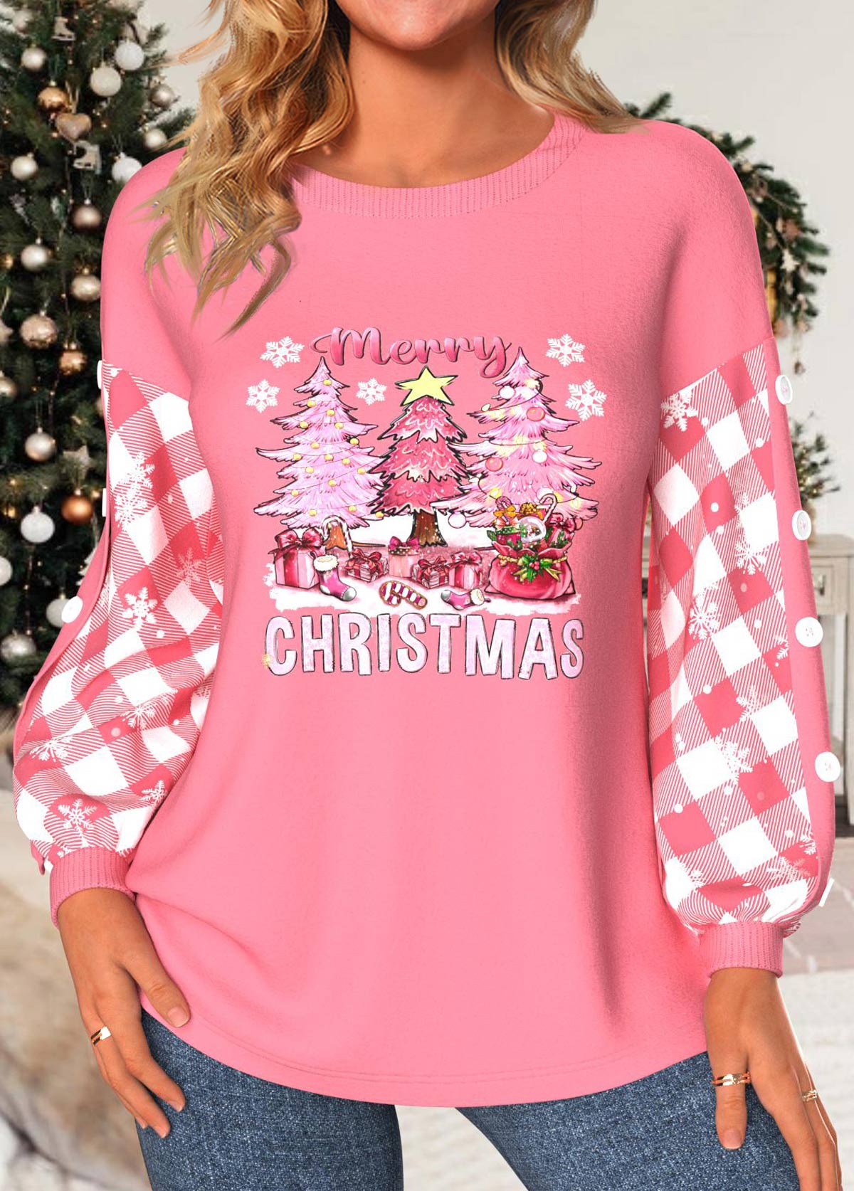 ROTITA Patchwork Christmas Tree Print Light Pink Round Neck Sweatshirt