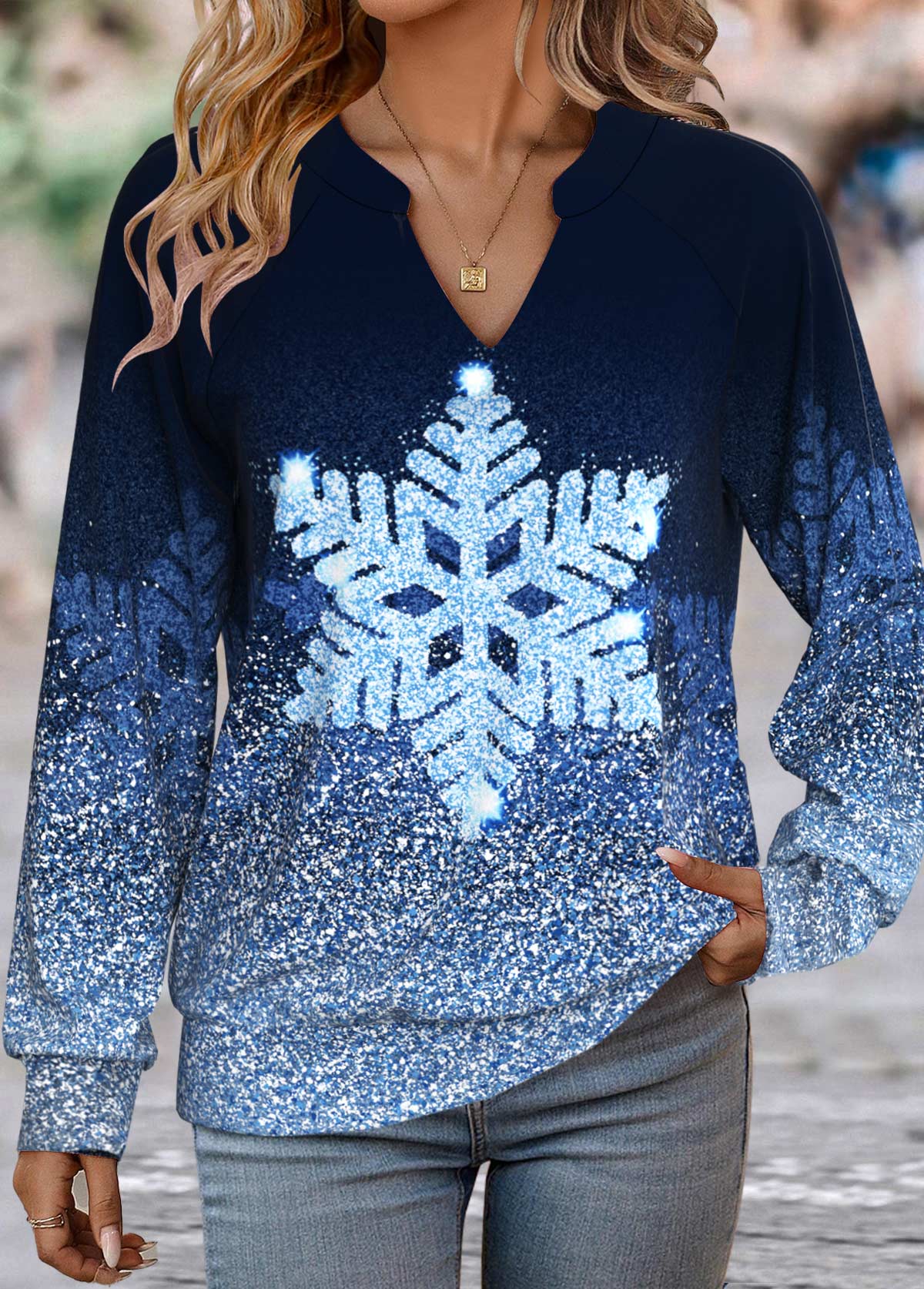 ROTITA Patchwork Snowflake Print Blue Split Neck Long Sleeve Sweatshirt