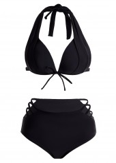 Black swimwear,Plain Color swimwear,ROTITA High Waisted Halter Bowknot Pierced Bikini Set