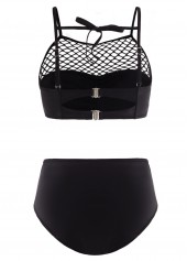 Black swimwear,Plain Color swimwear,ROTITA Pierced Mid Waist Tie Back Bikini Set