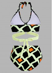 Multi Color swimwear,Geometric swimwear,ROTITA High Waisted Geometric Print Halter Bikini Set 