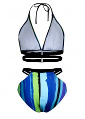 Cyan swimwear,Rainbow Color swimwear,Striped swimwear,ROTITA Mid Waist Striped Halter Bikini Set
