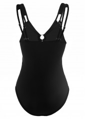 Black swimwear,Plain Color swimwear,ROTITA Black Metal Ring Detail Lace Patchwork One Piece Swimwear