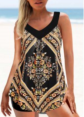 Gold swimwear,Tribal swimwear,ROTITA Curved Hem Wide Strap Floral Print Tankini Top