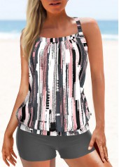 Grey swimwear,Geometric swimwear,Striped swimwear,ROTITA Criss Cross Grey Geometric Print Tankini Top